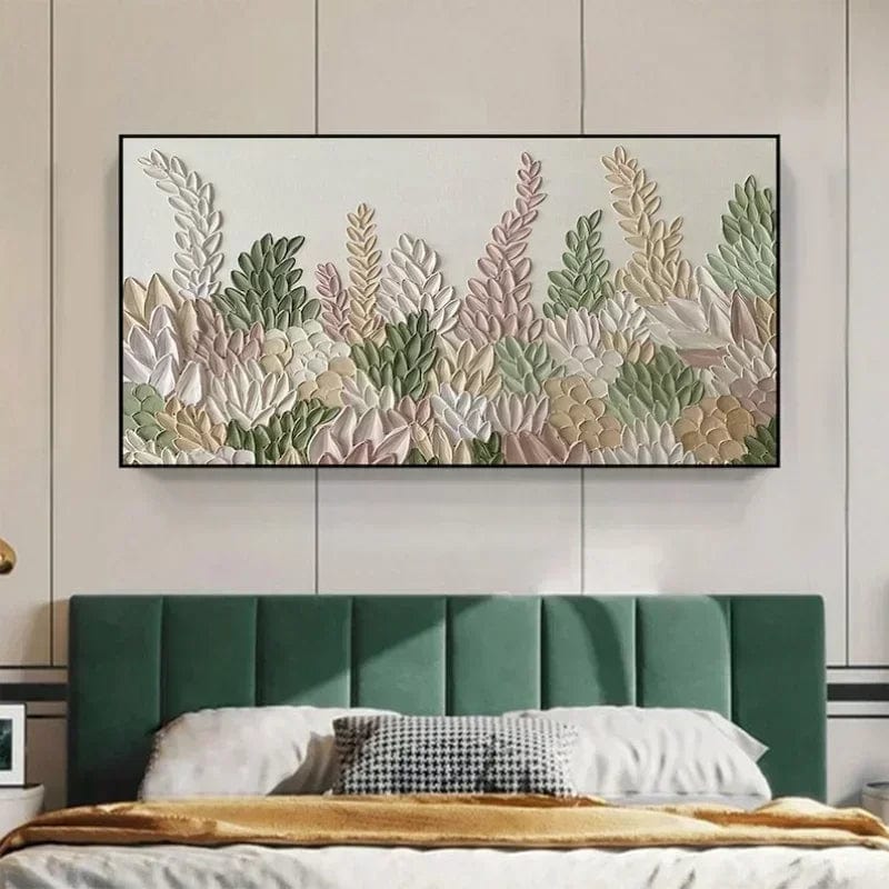 Minimalist green succulent landscape wall art, textured botanical print with soft earth tones on a neutral wall