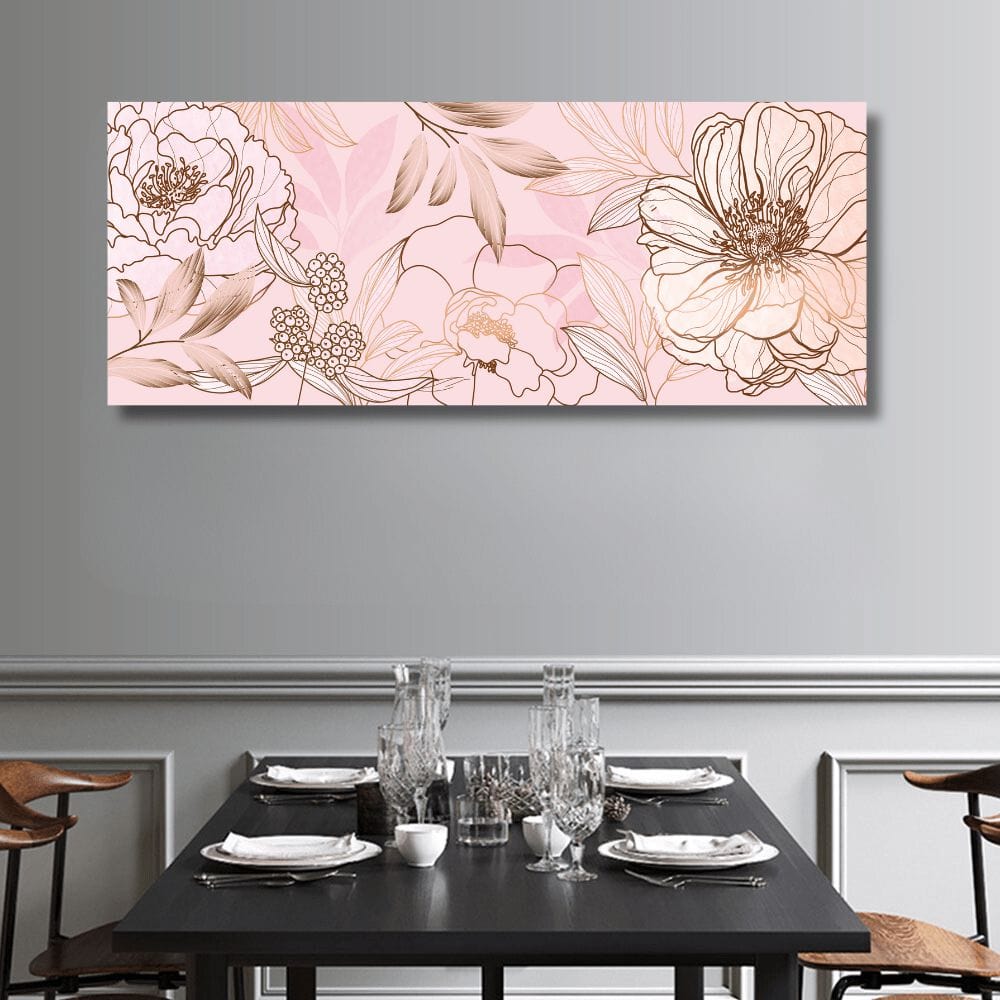Gold floral landscape print, outline flowers and leaves on pink background hanging above a dining table wall art