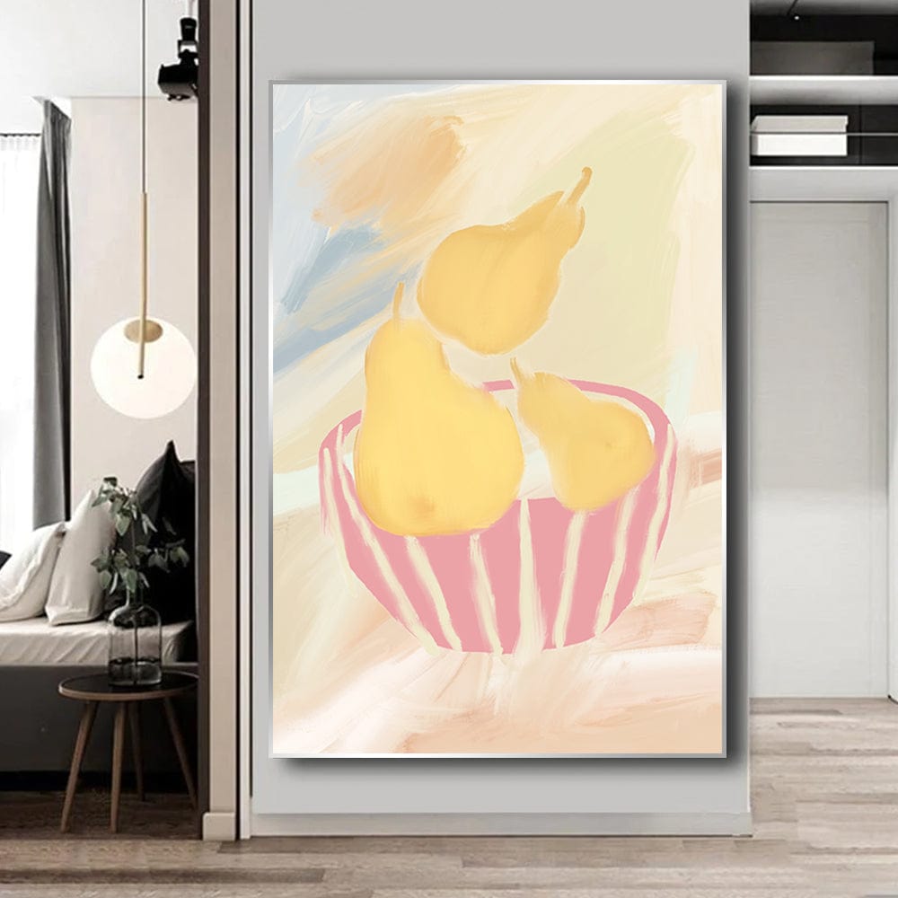 Abstract yellow pears in a pink bowl wall art, pastel still life painting with soft brushstrokes