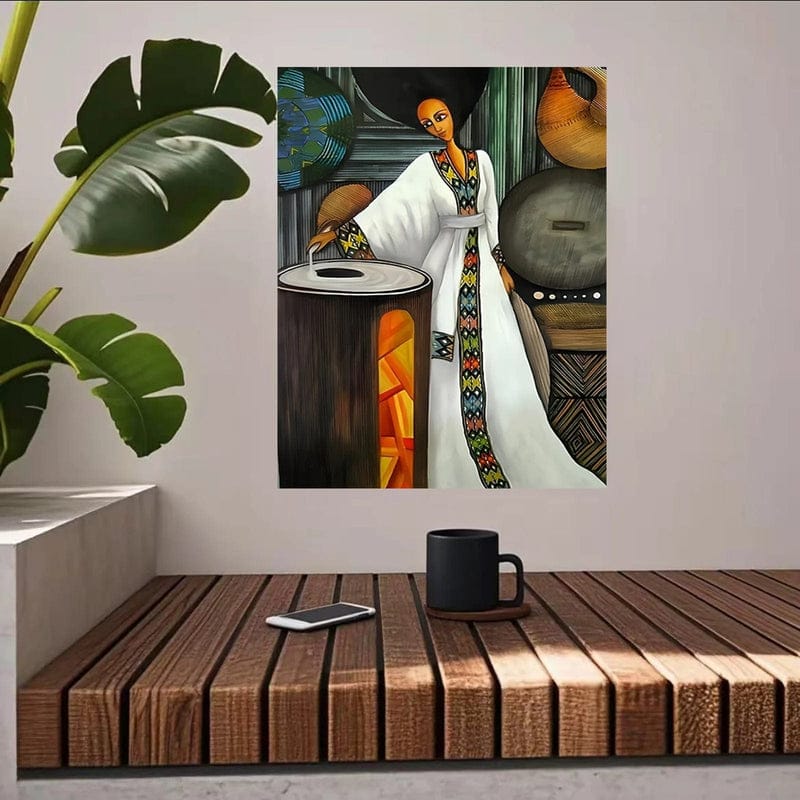 Woman from Ethiopia wall art, Ethiopian female portrait in a white patterned garment with cultural motifs and earth tones