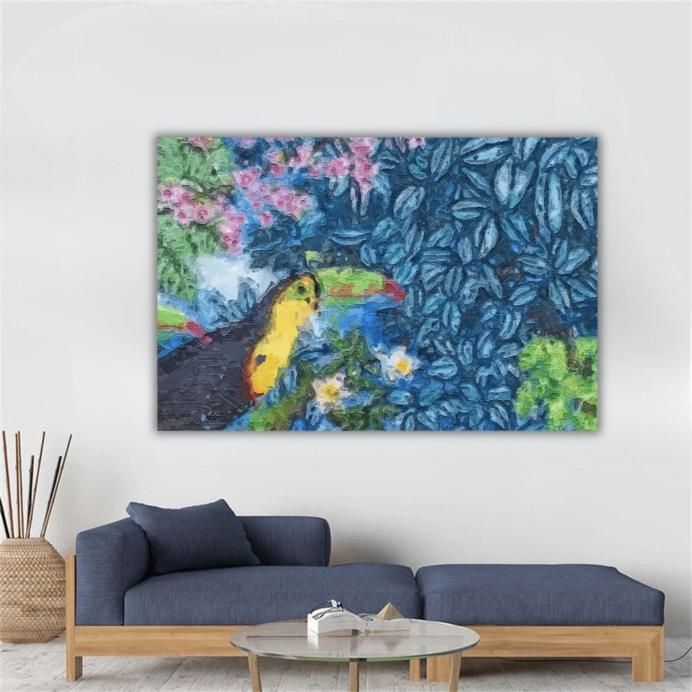 Tropical jungle landscape painting, vibrant toucan in deep blue foliage with pink flowers and green leaves wall art