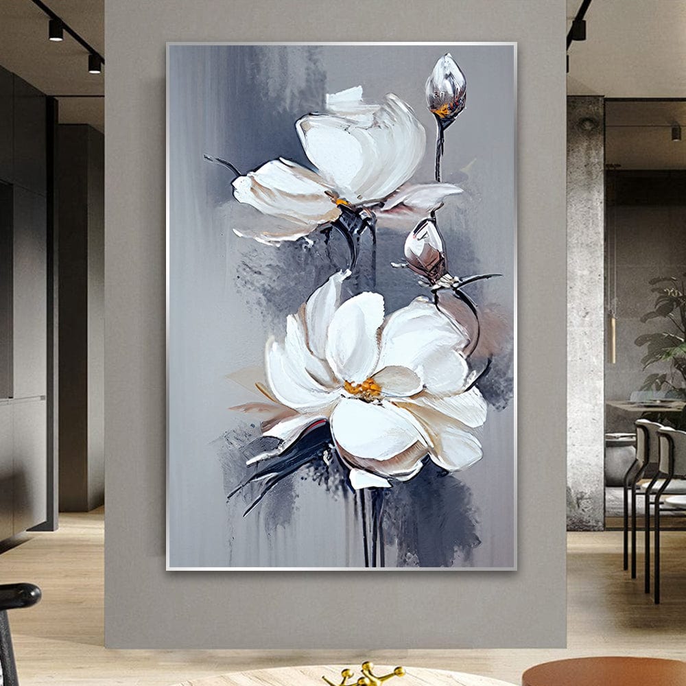 Abstract floral painting wall art, white poppy blossoms against a grey and charcoal textured background