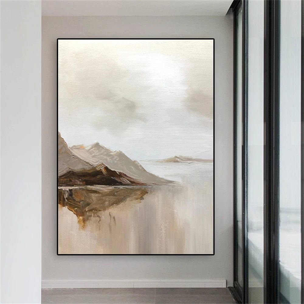 Espresso Horizon wall art, abstract mountain and lake landscape painting in beige and brown tones