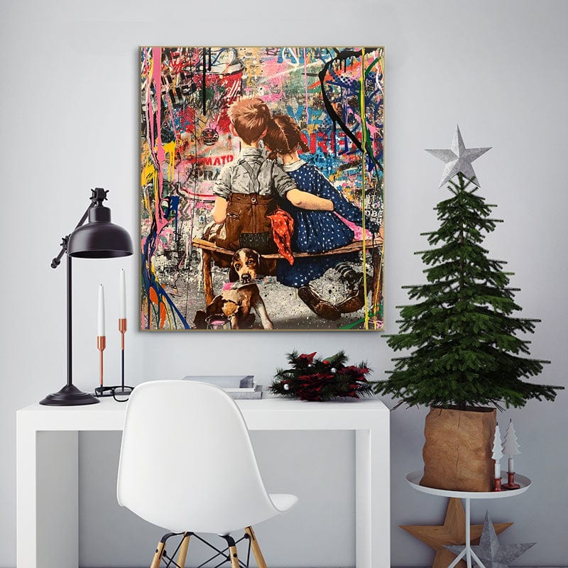 Stronger Together graffiti wall art, boy and girl with a dog in front of a colorful urban street art wall above a white desk