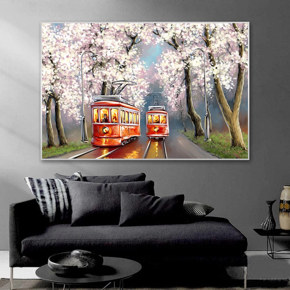 Cherry blossoms landscape wall art, red trams gliding along a path under pink spring trees