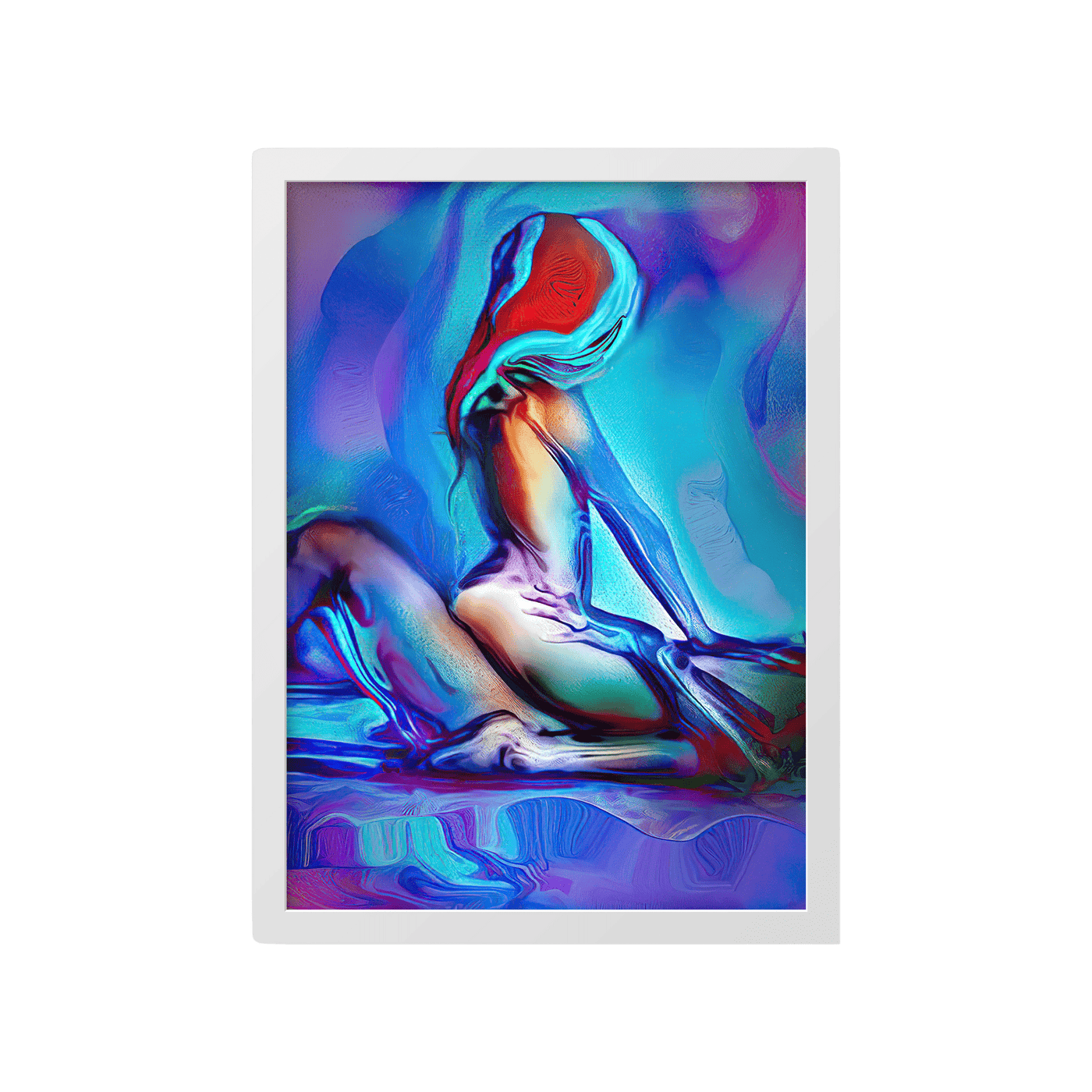 Colorful abstract artwork of a figure in a white frame on a white background