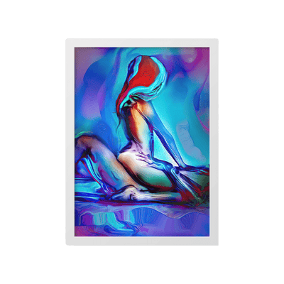Colorful abstract artwork of a figure in a white frame on a white background