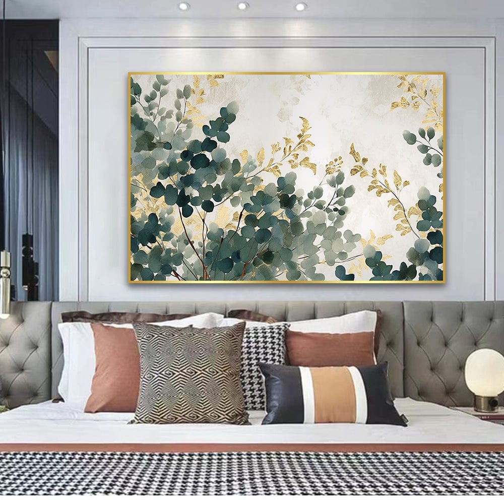 Eucalyptus Shades botanical wall art, green leaves and gold branches on a neutral background