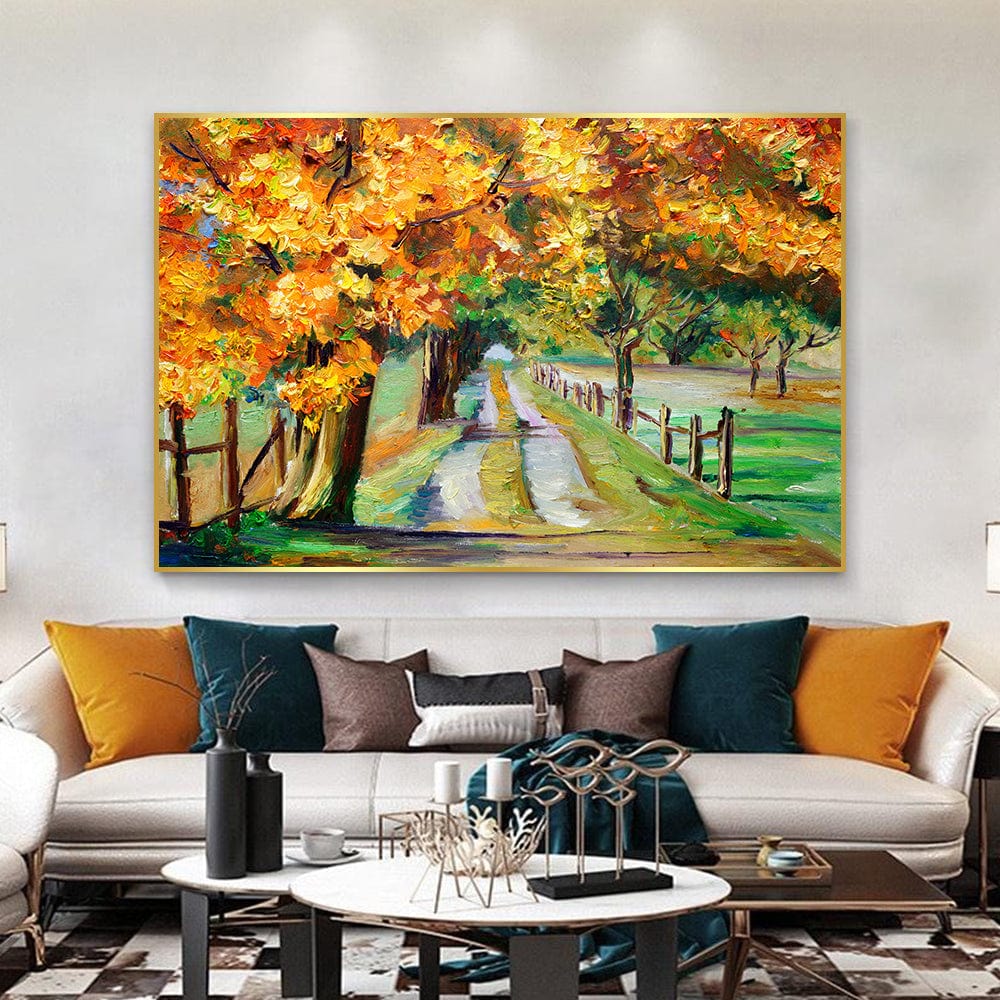 Autumn nature landscape painting wall art, golden trees arching over a winding path with vibrant orange and green foliage
