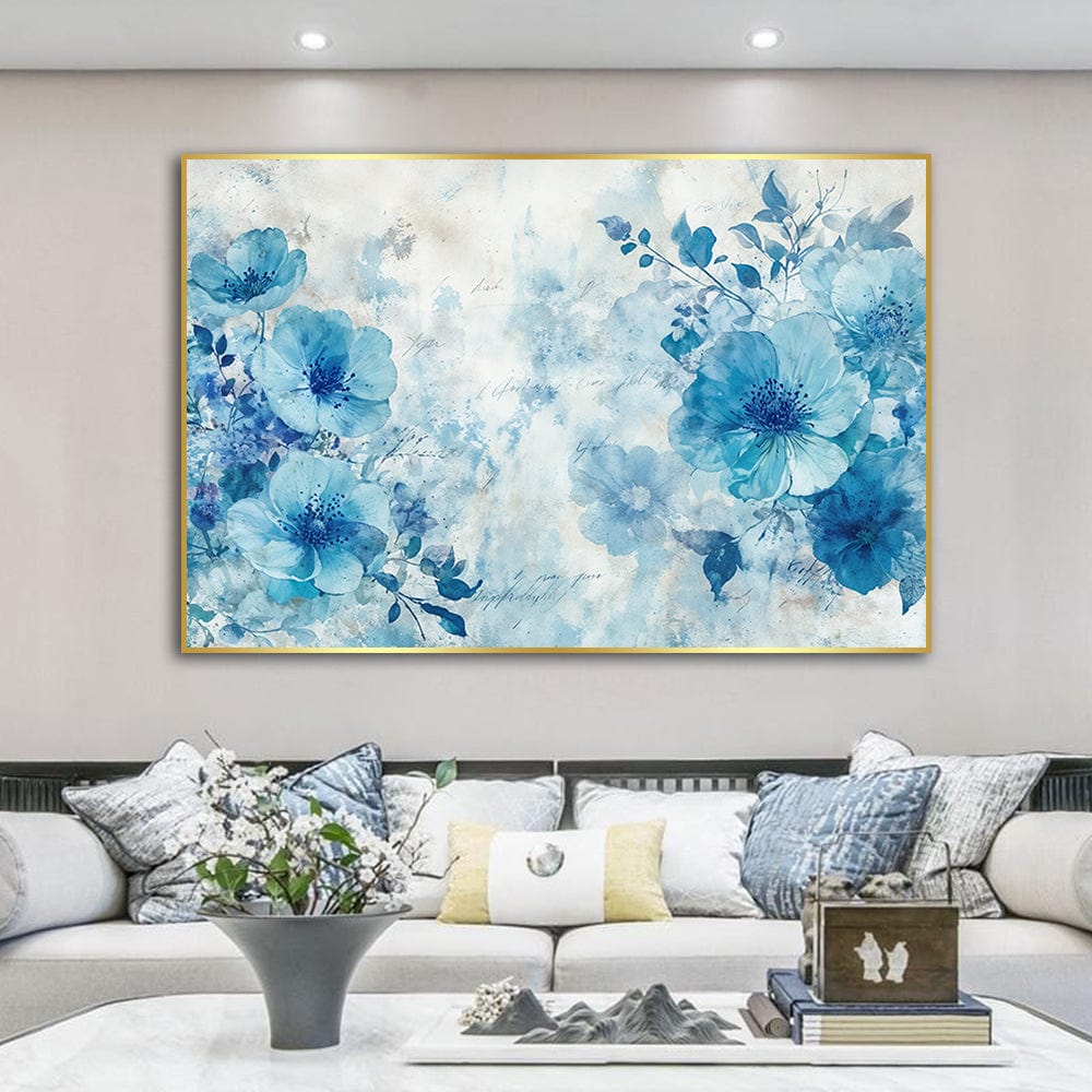 Blue floral landscape wall art, delicate watercolor flowers fading into misty white and blue shades in a thin gold frame