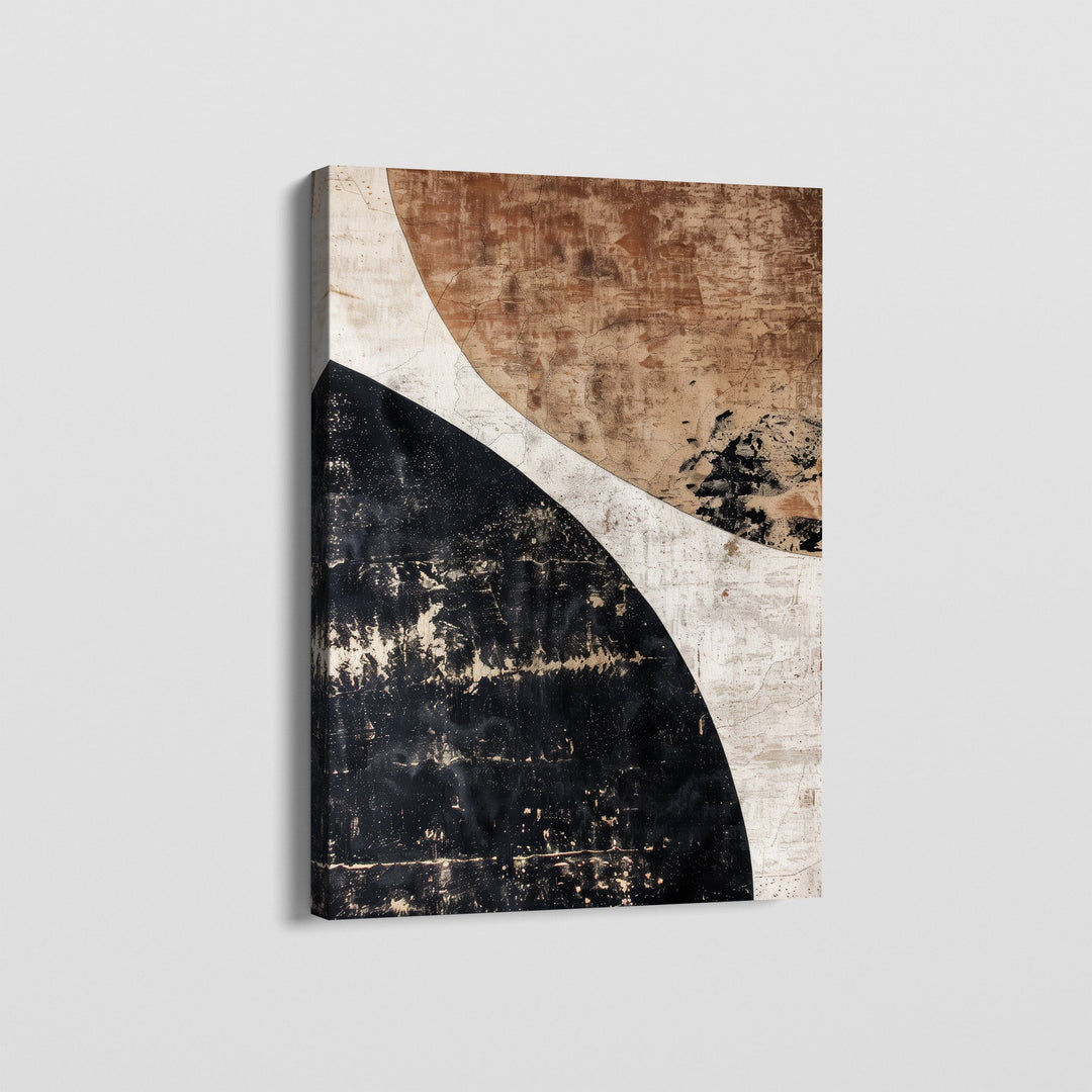 Abstract brown and black shapes wall art, textured canvas composition with earthy tones
