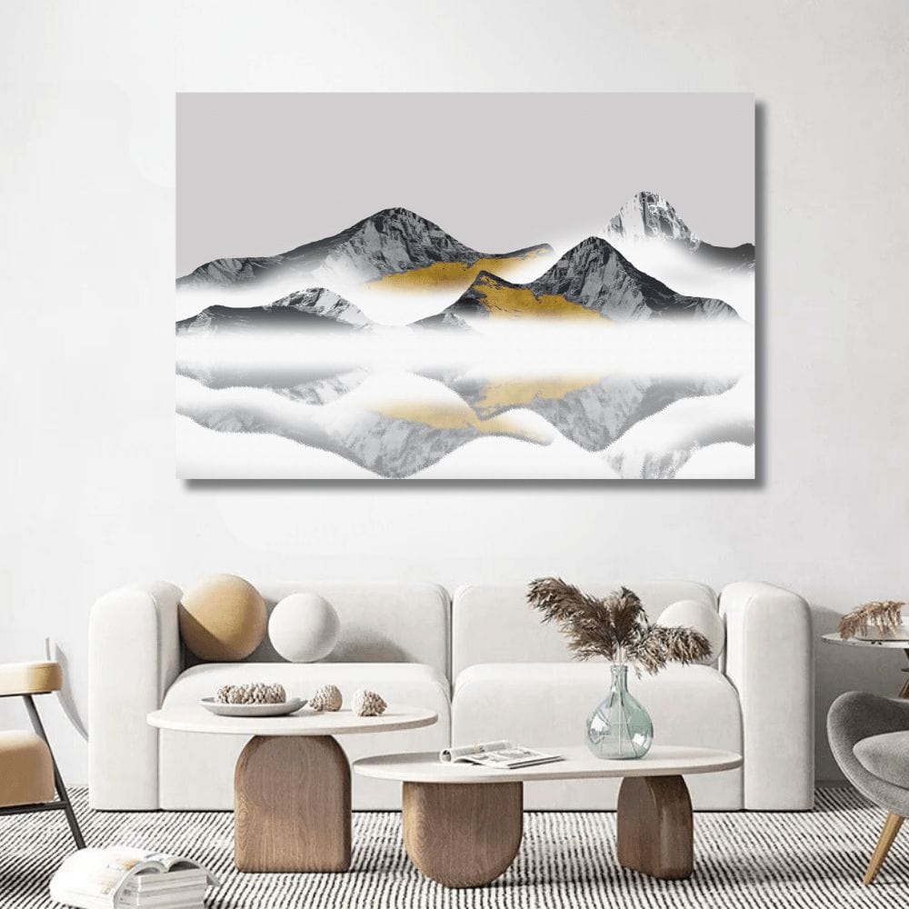 Fog Peaks wall art, mist draped mountains and gold highlights in a grayscale landscape print