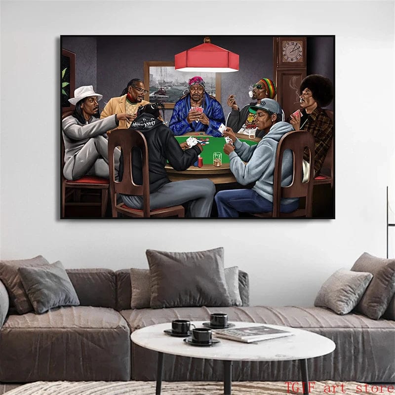 Men playing poker game wall art, painting of a card game with figures around a green table under a red lamp