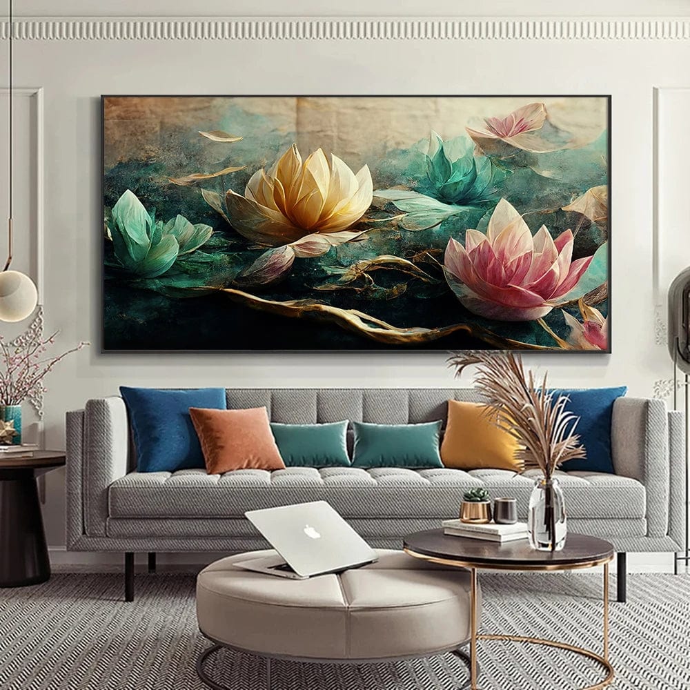 Abstract lotus flowers landscape wall art in a black frame above a grey sofa in a living room