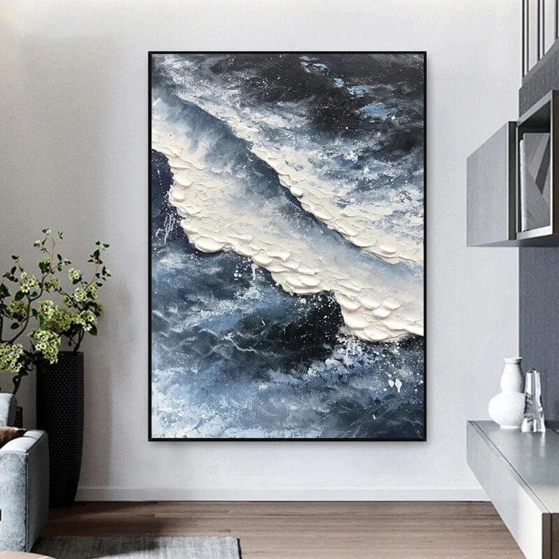 Blue ocean landscape painting wall art, textured white waves breaking over dark blue water in a black frame