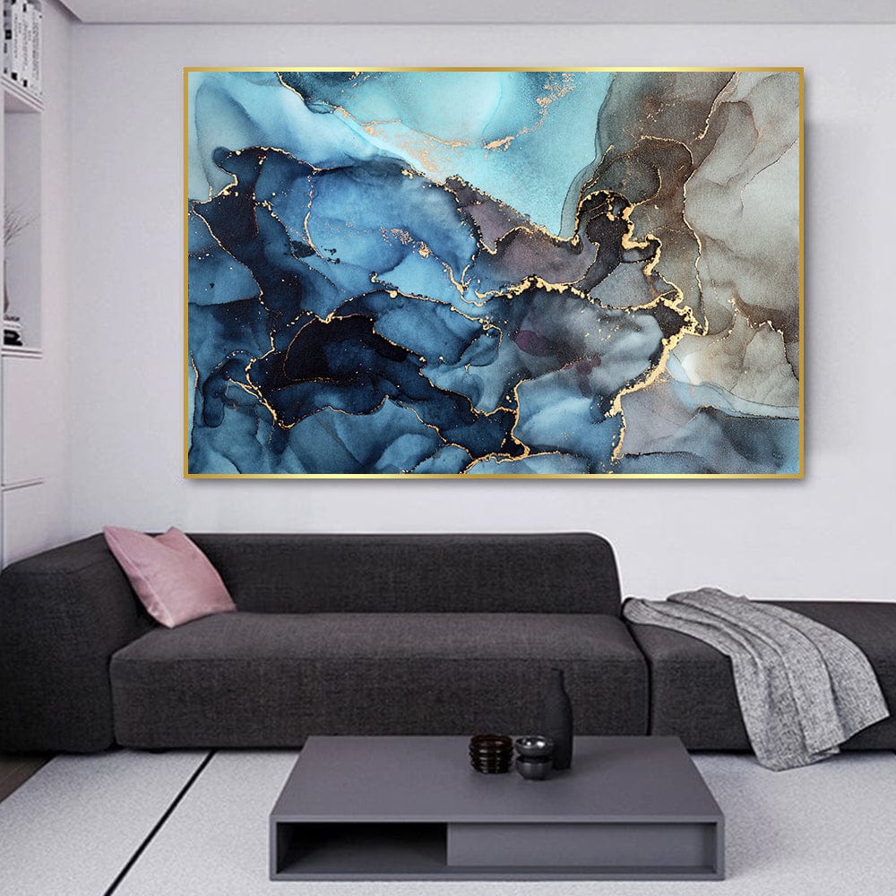 Blue and onyx abstract cosmic landscape wall art, swirling blue, gray, and gold fluid design with gold leaf accents