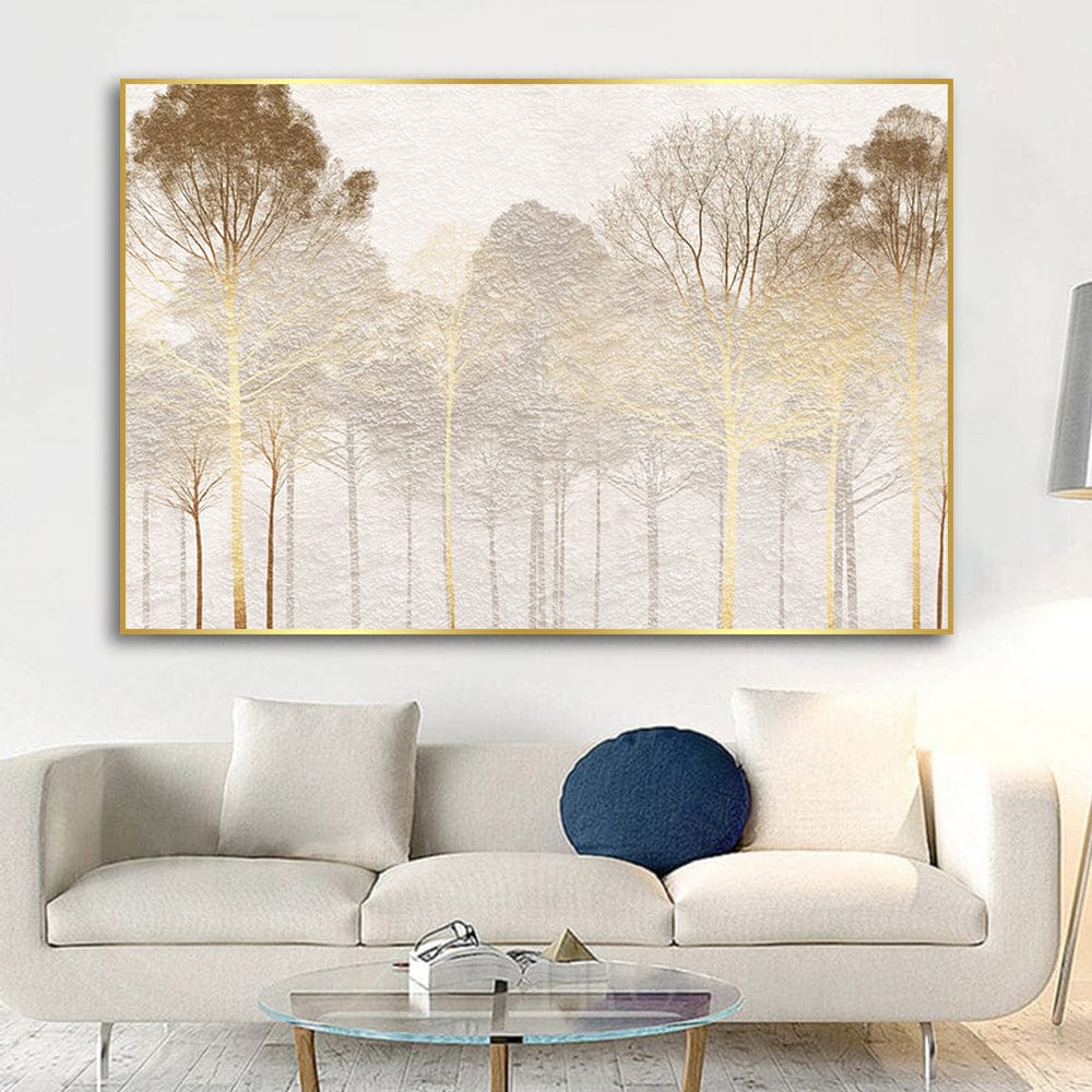 Abstract nature landscape wall art, beige and brown forest canopy painting hanging above a white sofa