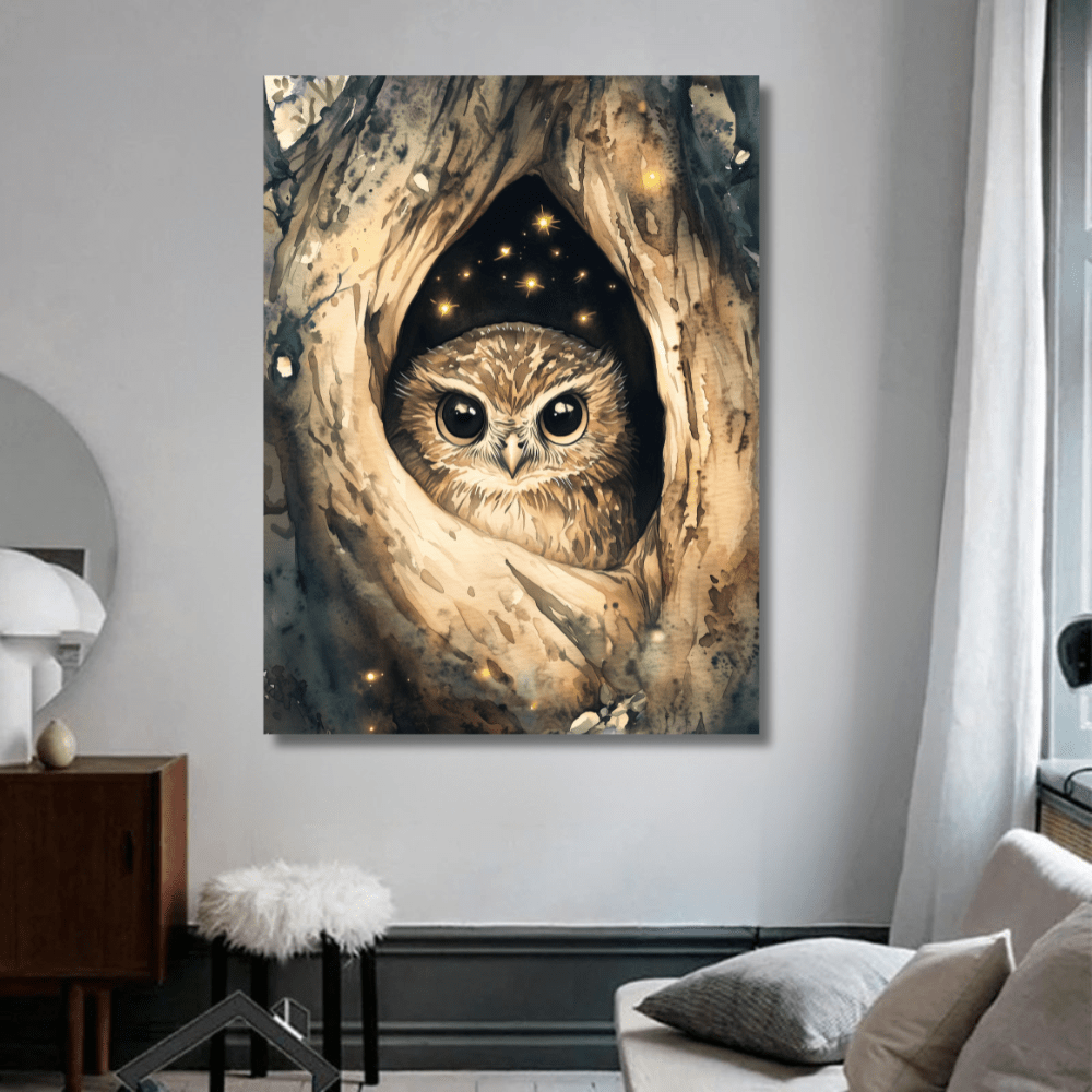 Wildlife animal portrait wall art, wide eyed owl peeking from an ancient tree hollow with glowing stars