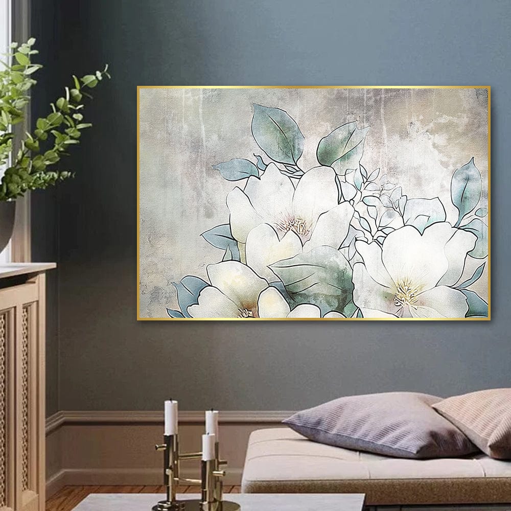 White floral landscape wall art print, watercolor magnolias with ivory petals and green leaves in a gold frame