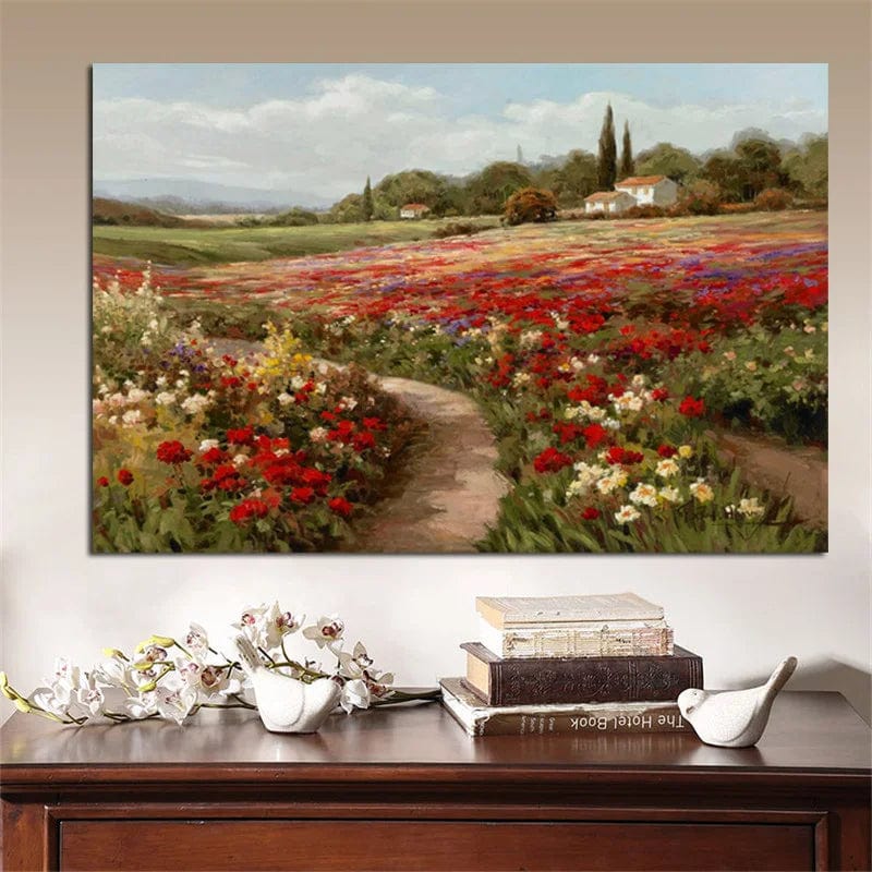 Claude Monet landscape painting, French countryside field with red flowers and winding path wall art