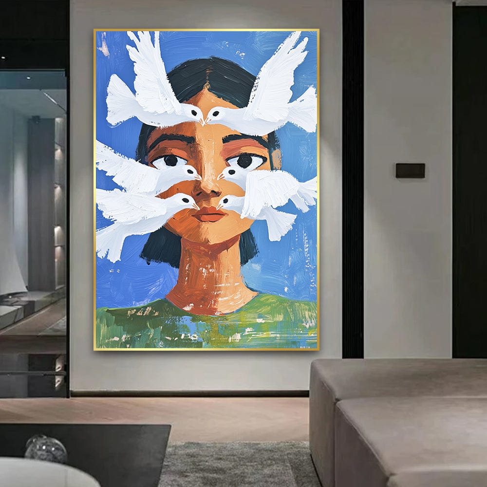 Abstract woman portrait wall art, female face surrounded by white doves against a blue background