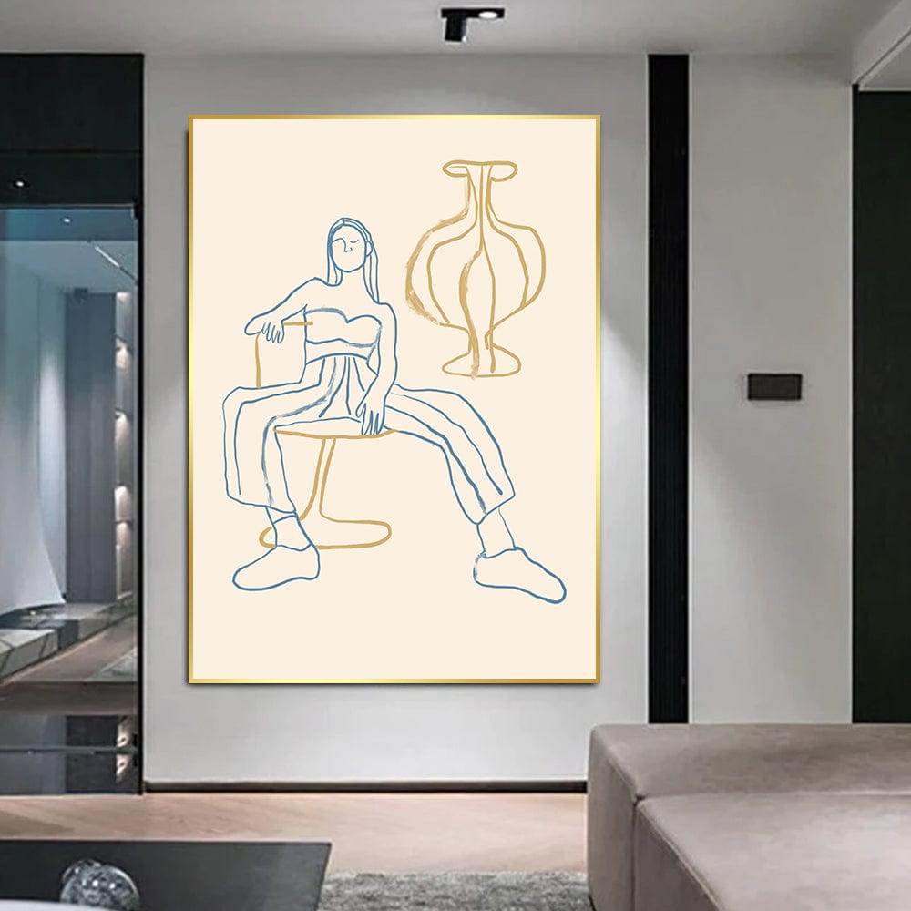 Abstract woman portrait wall art, seated figure in striped pants and golden vase with blue lines on beige background