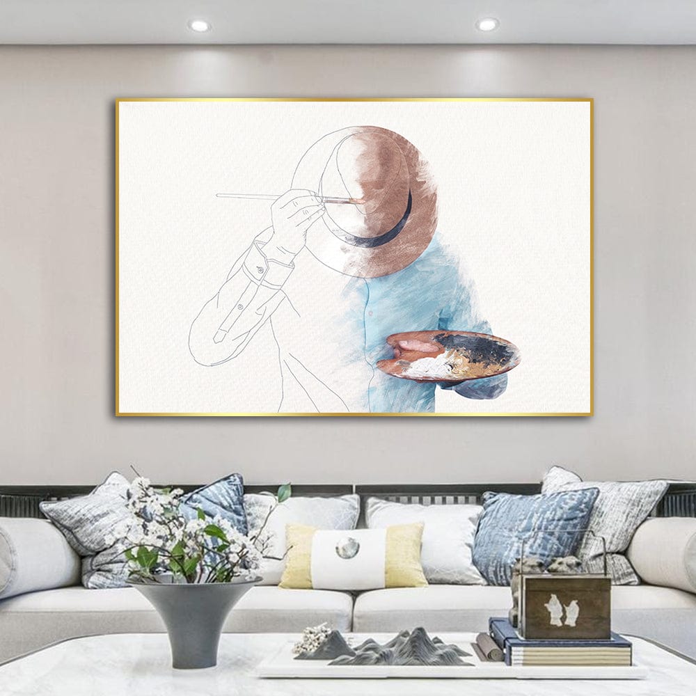 Modern man portrait wall art, male artist holding a brush and palette in blue and brown sketch style
