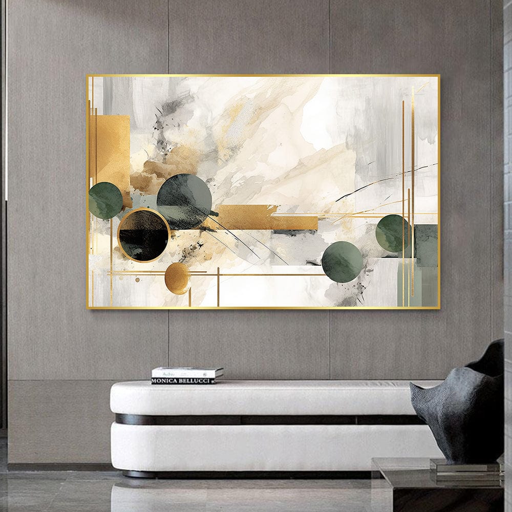 Abstract geometric landscape wall art, circles and gold lines in a gold frame above a console table