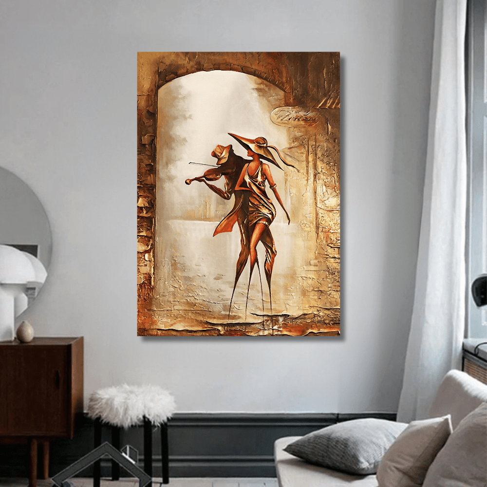 Nuit en Rythme wall art, stylish couple dancing under the moonlight in brown and orange tones