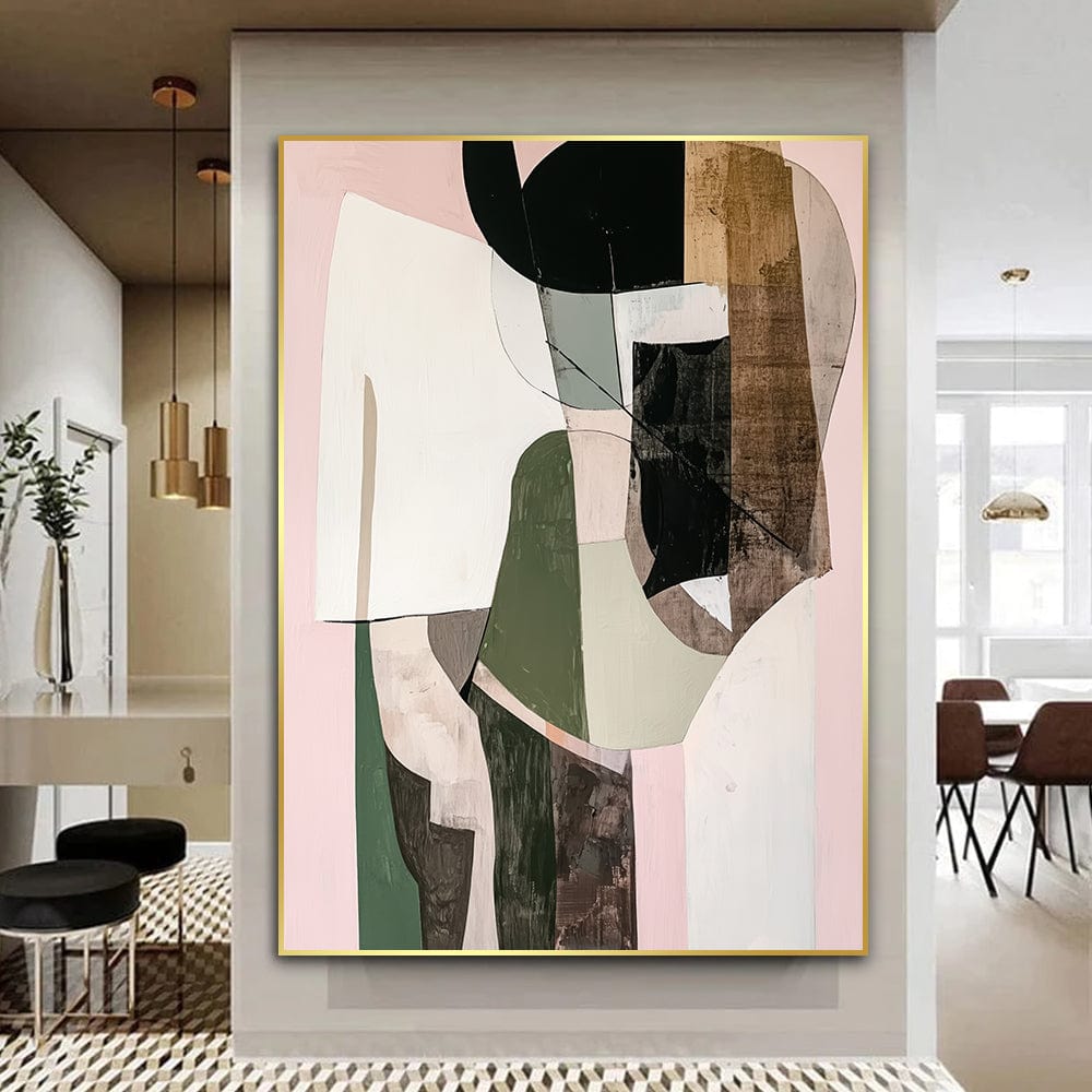 Abstract shapes and muted tones wall art, layered earthy greens and soft pinks in a modern interior