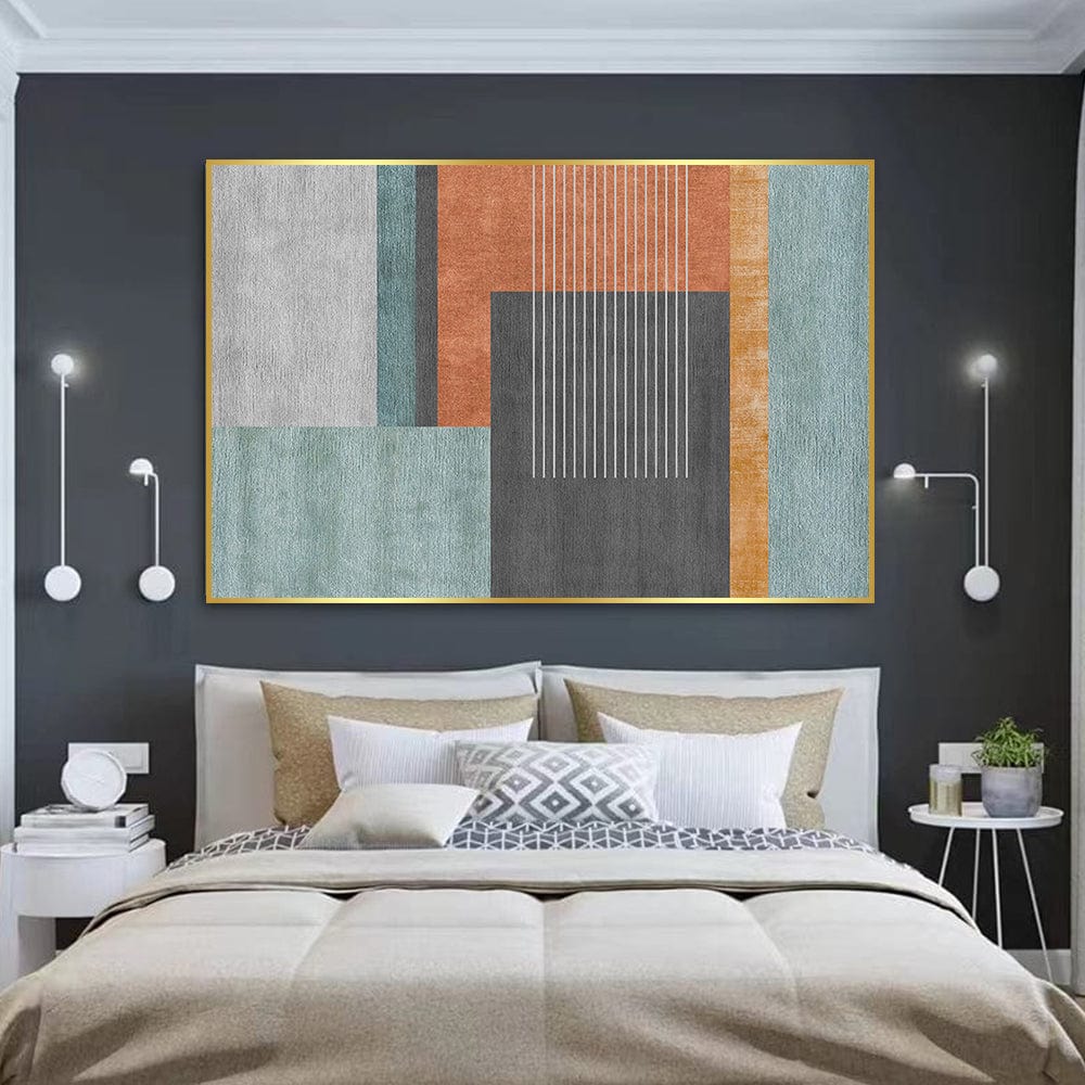 Abstract geometric shapes painting wall art, grey, orange and blue blocks with vertical lines