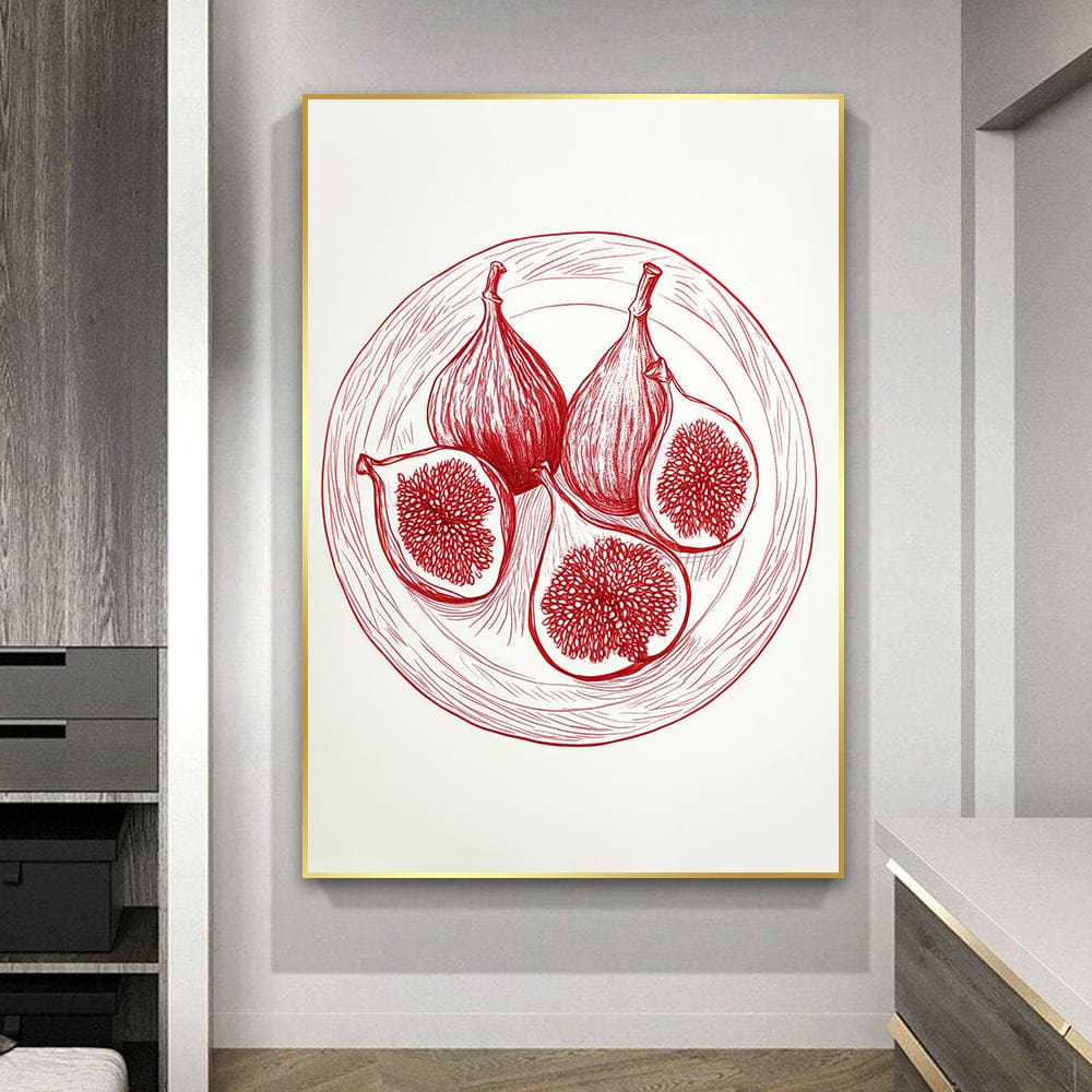 Red fig fruit line drawing wall art in a thin gold frame hanging on a light gray kitchen wall