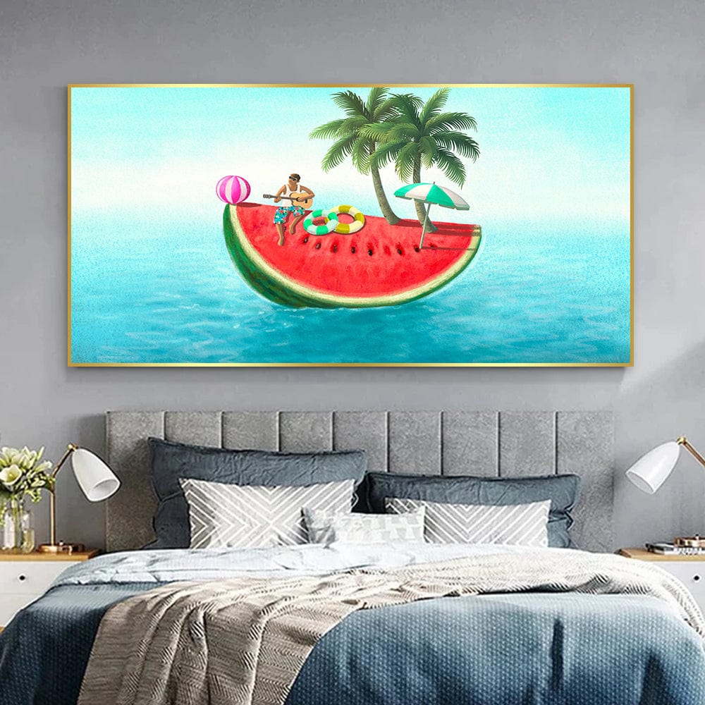 Summer Island landscape wall art, watermelon floating on the ocean with a musician under palm trees and vivid beach items