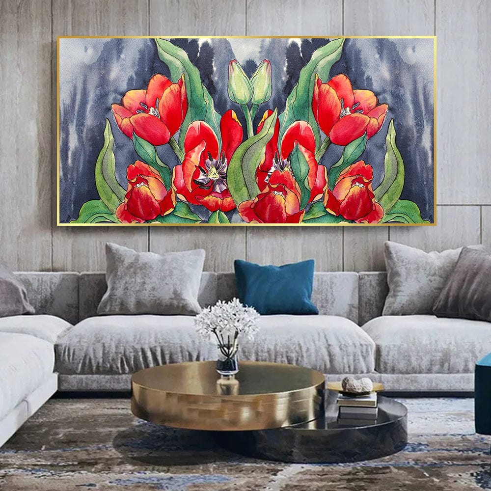 Abstract poppies landscape wall art, red flowers with green leaves against a dark textured background
