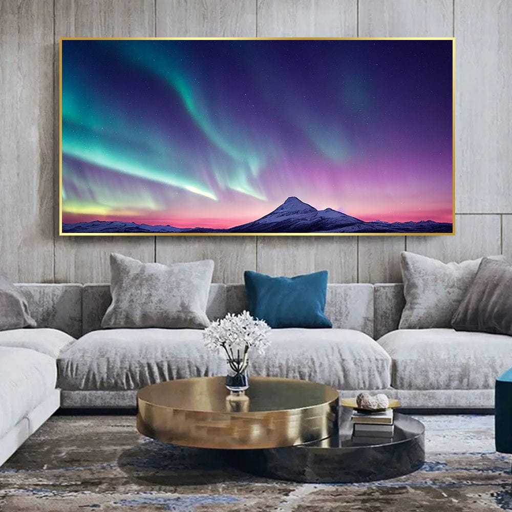 Aurora skies landscape wall art, emerald and violet northern lights over a snowy mountain at twilight
