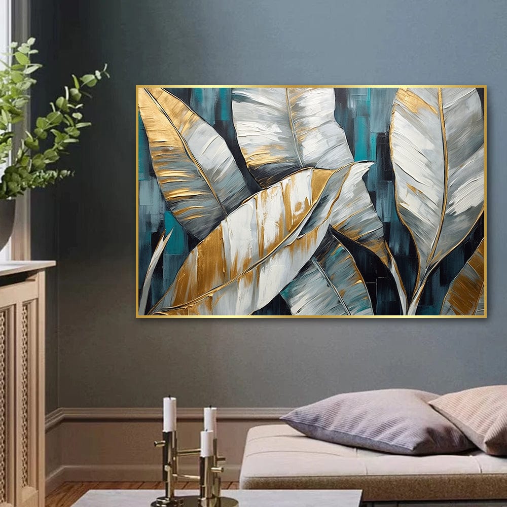 Teal tropical leaf wall art, vibrant greens and golden shimmer foliage painting above a sofa