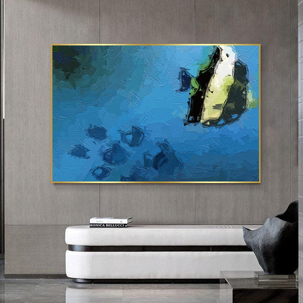 Blue ocean landscape painting wall art, angelfish swimming in deep blue water above a white console table