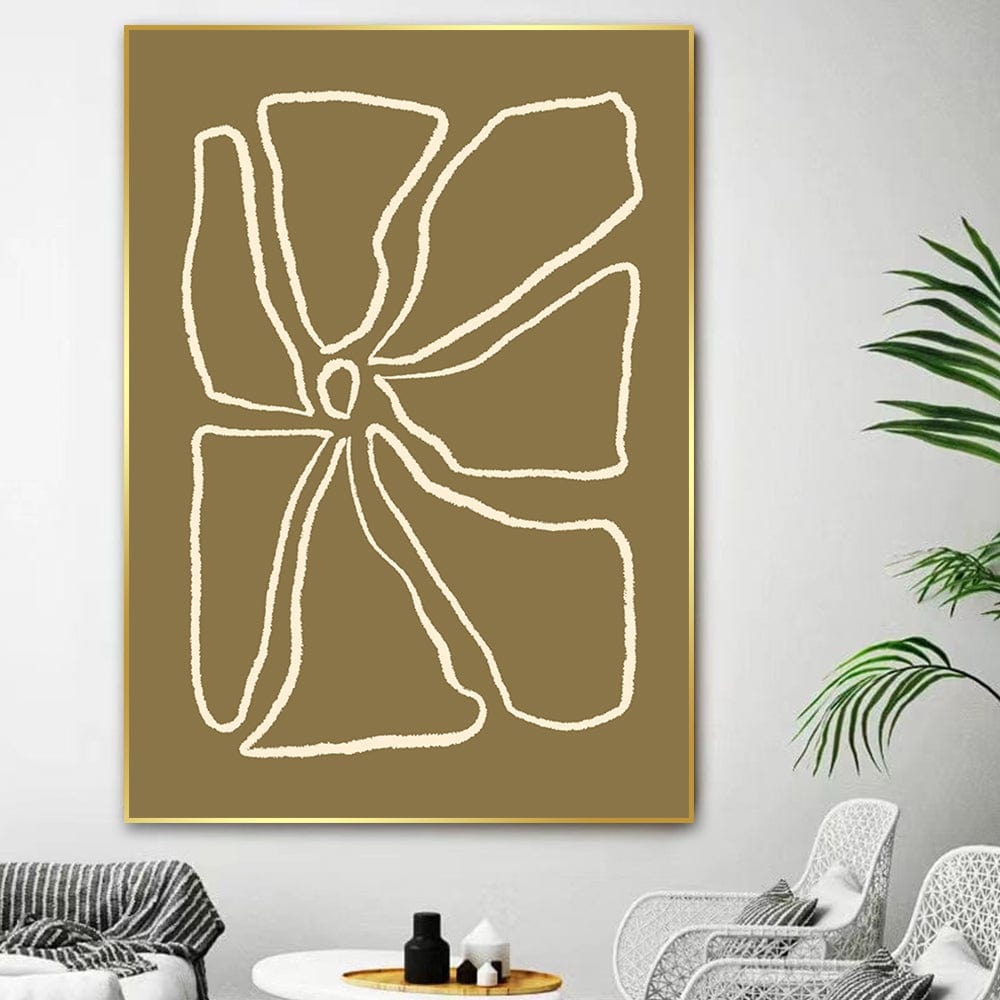 Abstract floral line art wall art, white continuous line flower drawing on a warm taupe background
