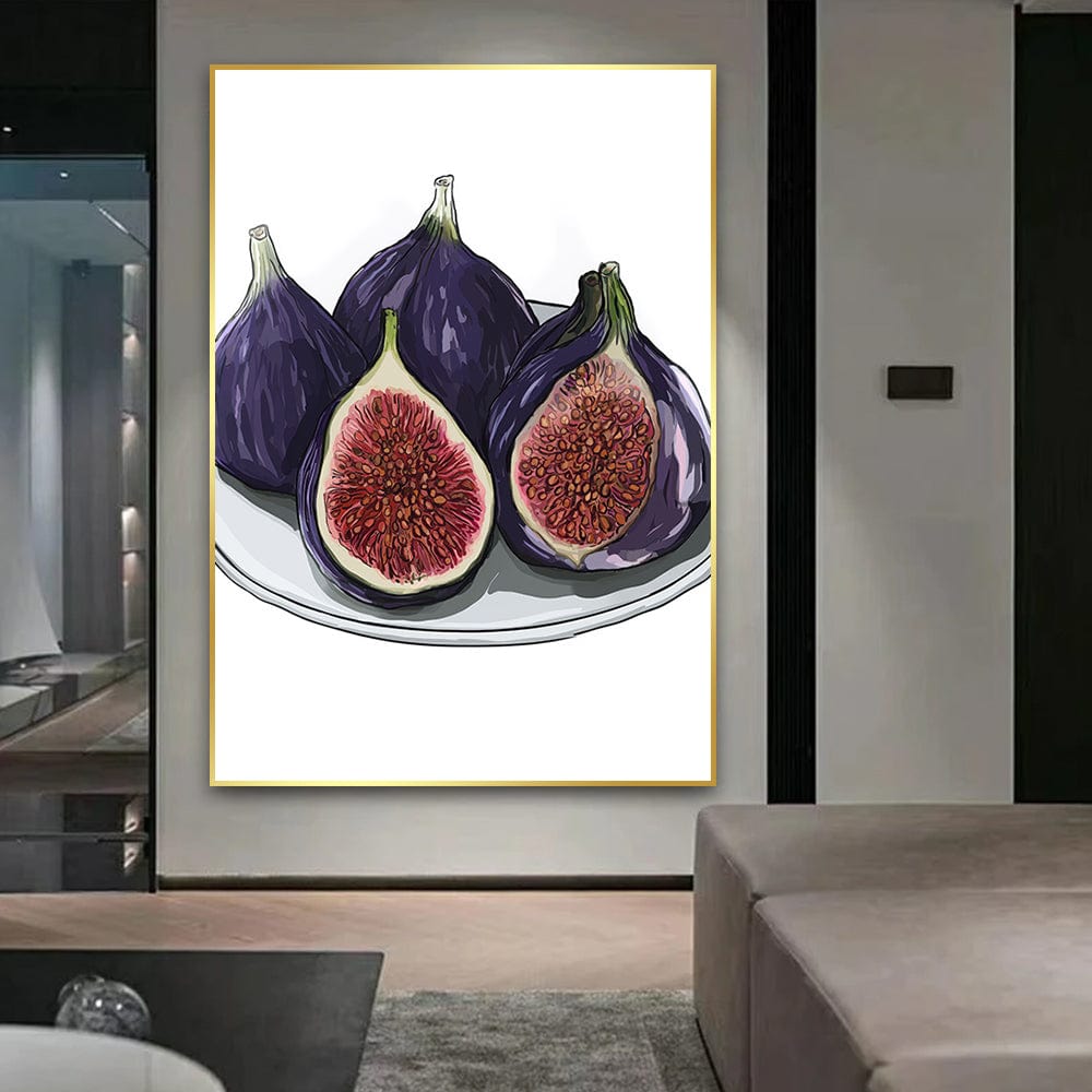 Botanical fruit wall art, deep purple and ruby red figs on a white plate in a gold frame