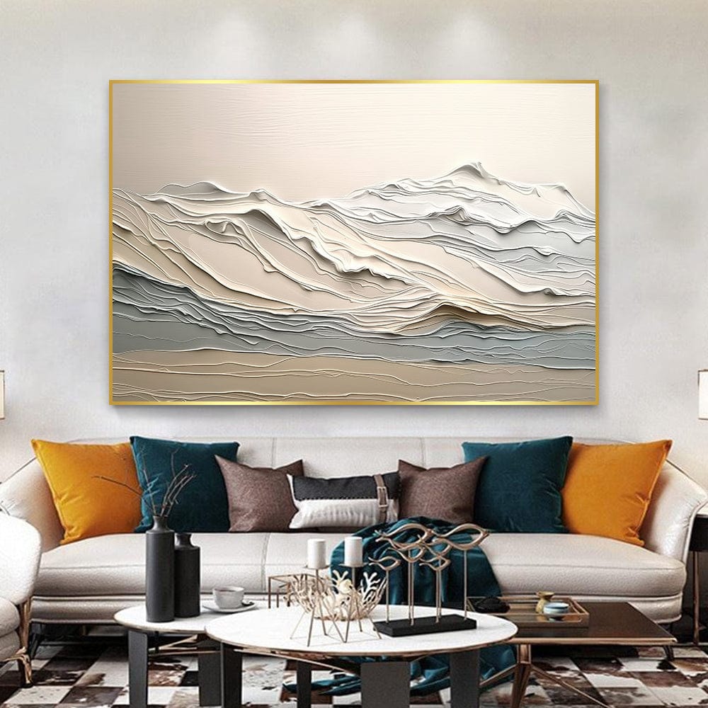 Abstract mountain landscape wall art, textured earthy tones and minimalist beige layers in a gold frame above a sofa