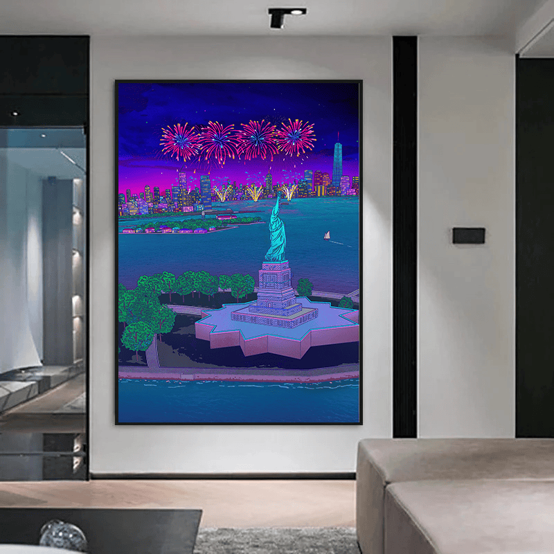 Statue of Liberty digital painting wall art in a black frame mounted on a white wall in a modern living space