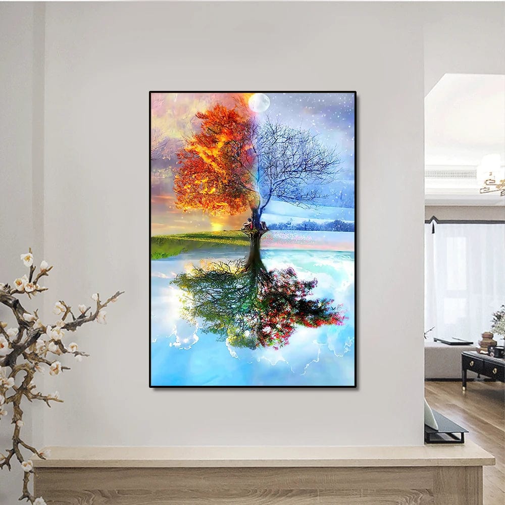 Four Seasons wall art, fantasy nature landscape print of a single tree representing spring, summer, autumn, and winter