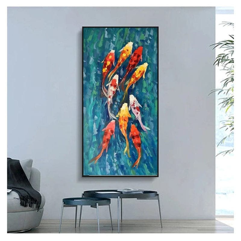 Zen Kois wall art, orange and white fish swimming in a textured blue and green water painting