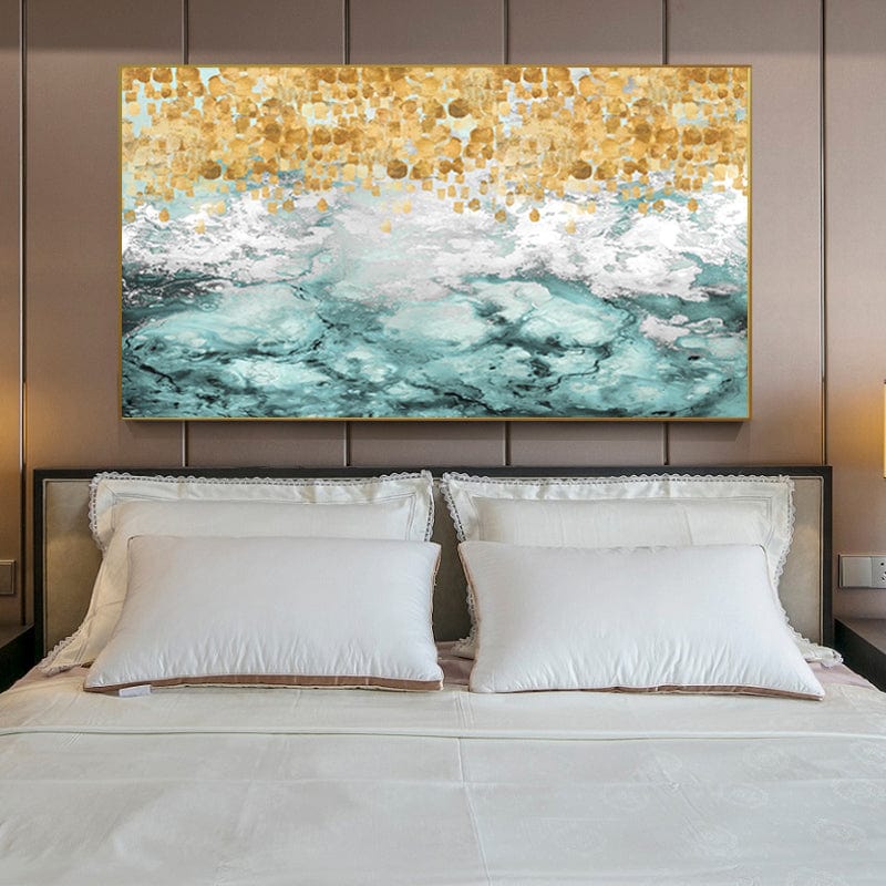 Blue and gold landscape wall art, turquoise and white tones with gold details hanging above a bed