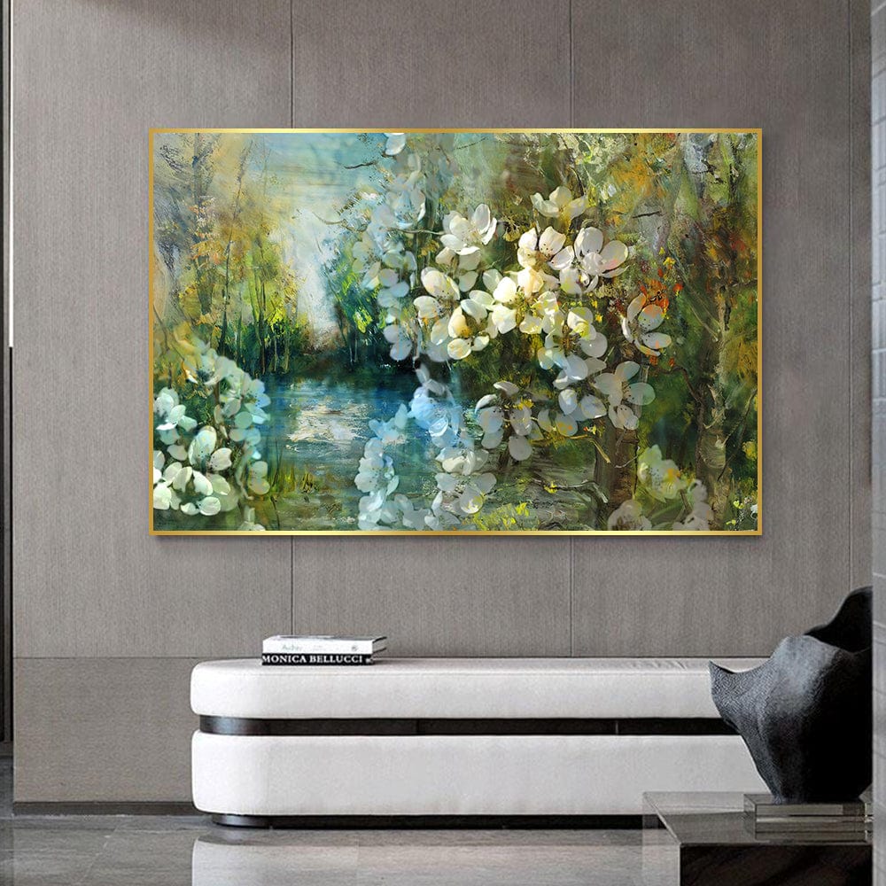 White flowers landscape wall art, garden painting with lush greenery and a serene forest stream