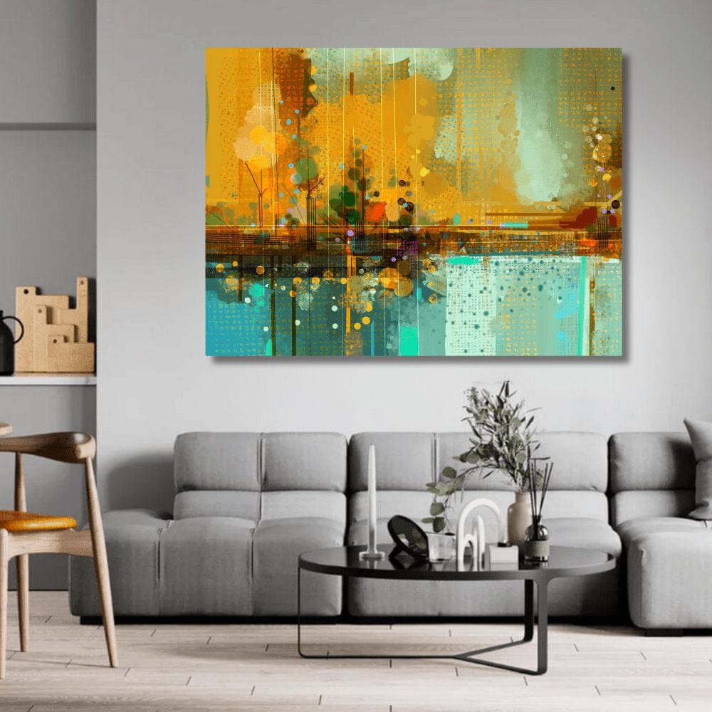 Abstract colours landscape print wall art, vibrant orange and teal painting hanging above a gray sofa in a modern living room