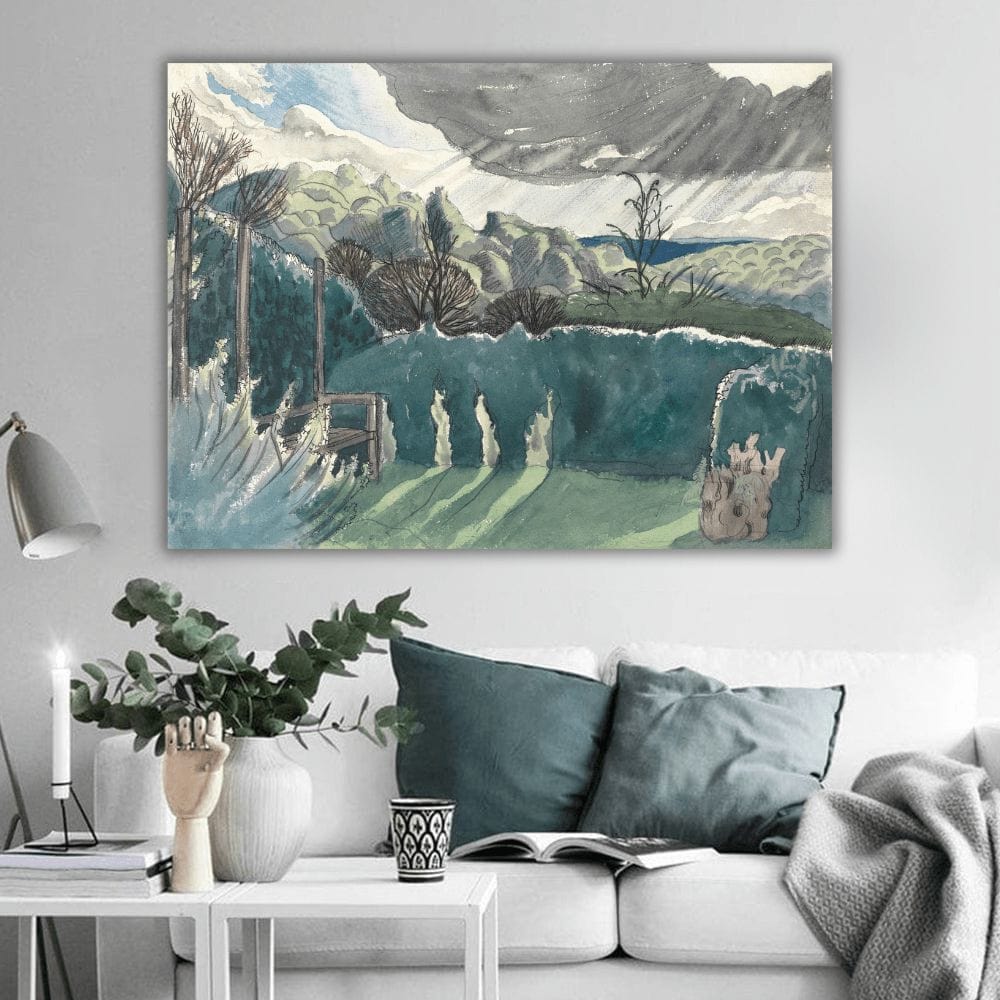 Watercolor landscape wall art, green nature scene with dark storm clouds and soft rays of light above trees