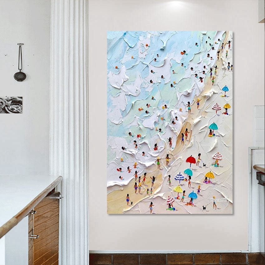 Coastal landscape painting wall art, aerial view of a sunny beach with colorful umbrellas and turquoise waves