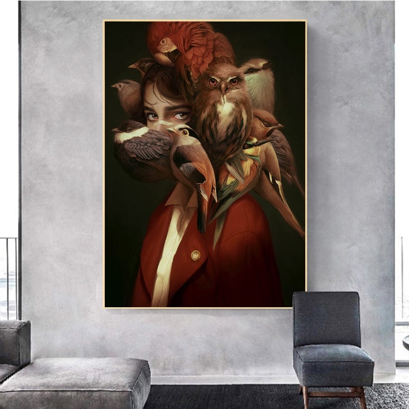 Girl with birds wall art, portrait of a young woman with an owl and parrot on her head and shoulders in dark tones
