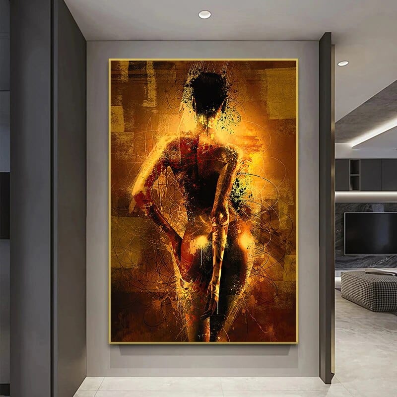 Abstract woman portrait wall art, glowing gold and black female figure with textured background